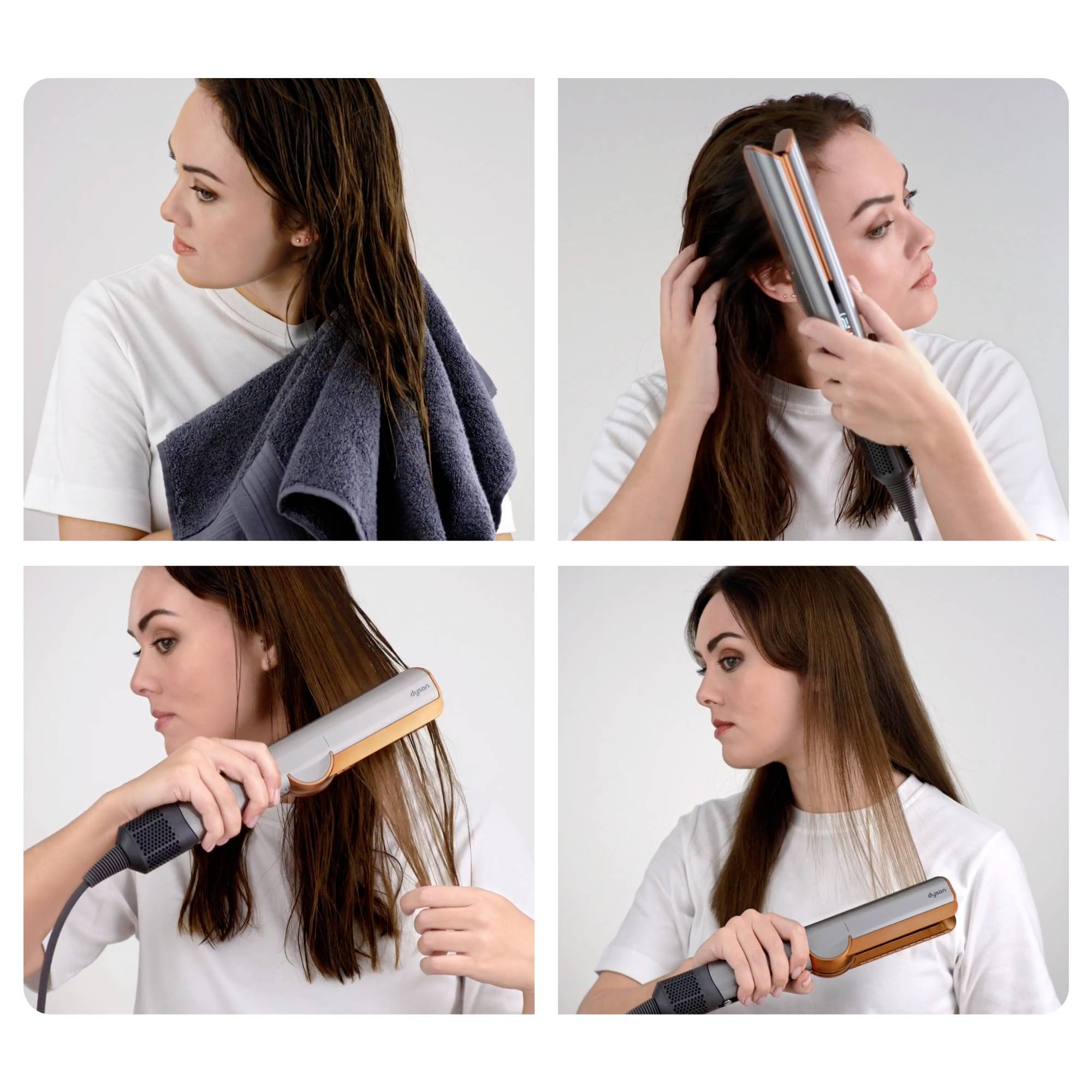 Eine Frau glättet schrittweise ihr nasses Haar mit einem Glätteisen, beginnend mit einem Handtuch um die feuchten Haare.