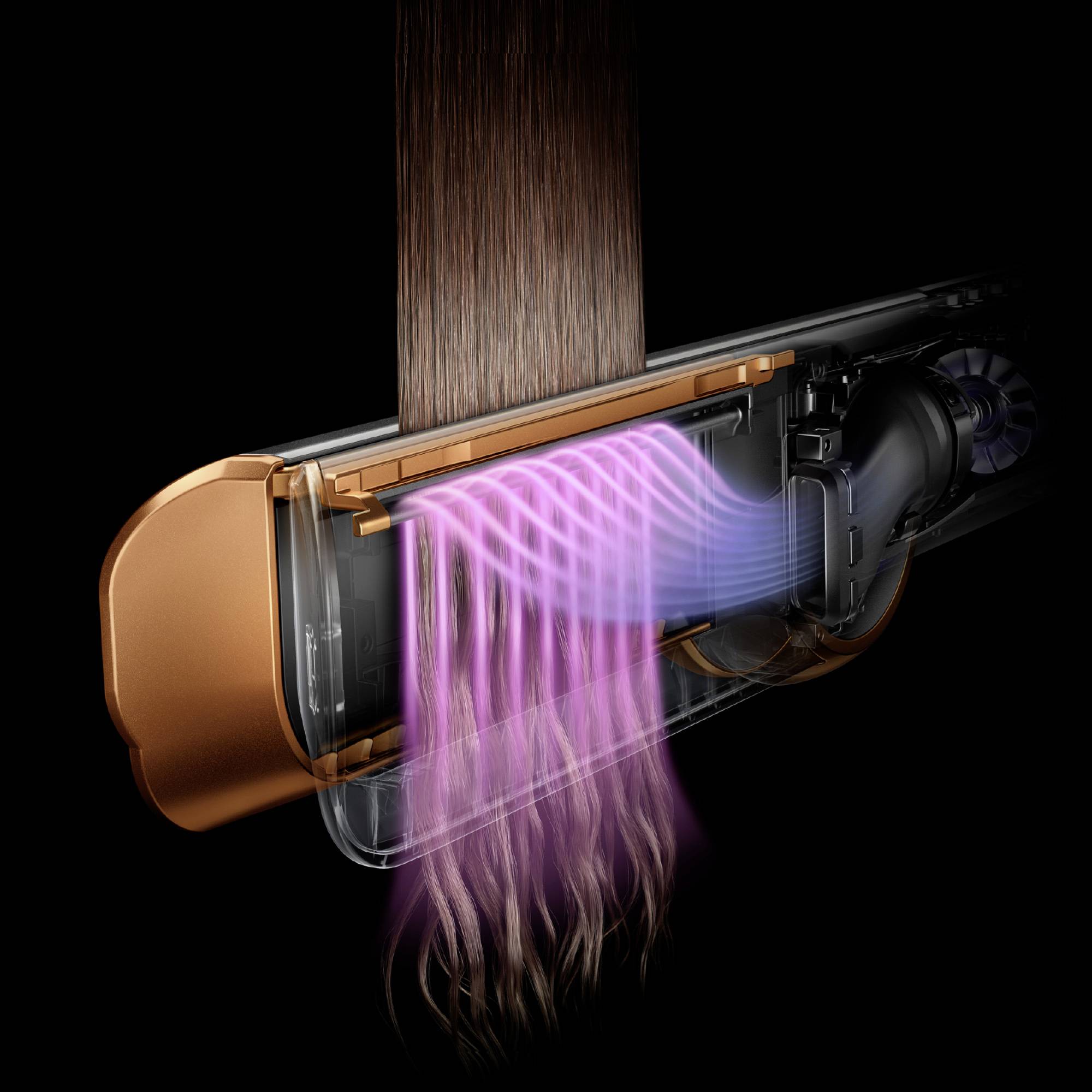 Haartrockner zeigt Luftstrom, der durch ein Gitter strömt und Haare trocknet. Technische Darstellung eines Styling-Geräts.