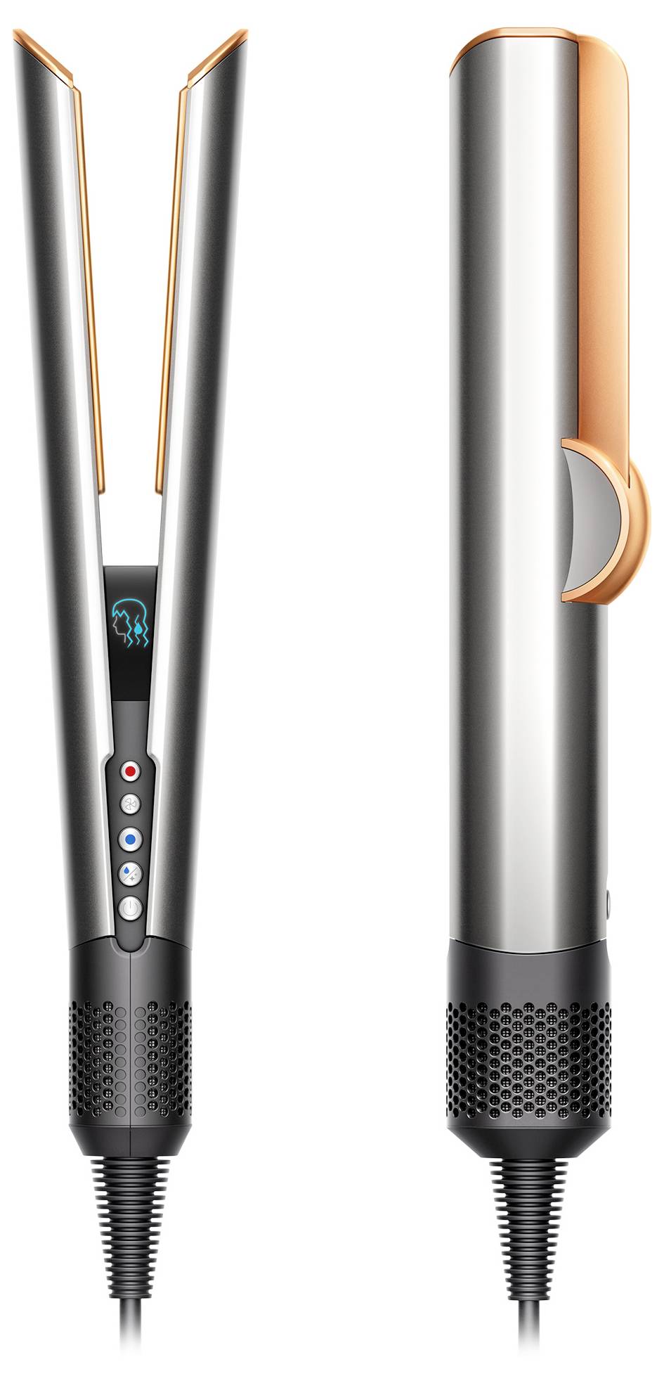 Ein silbernes und oranges Haarglätteisen mit digitalem Display und mehreren Temperatur-Einstellungen.