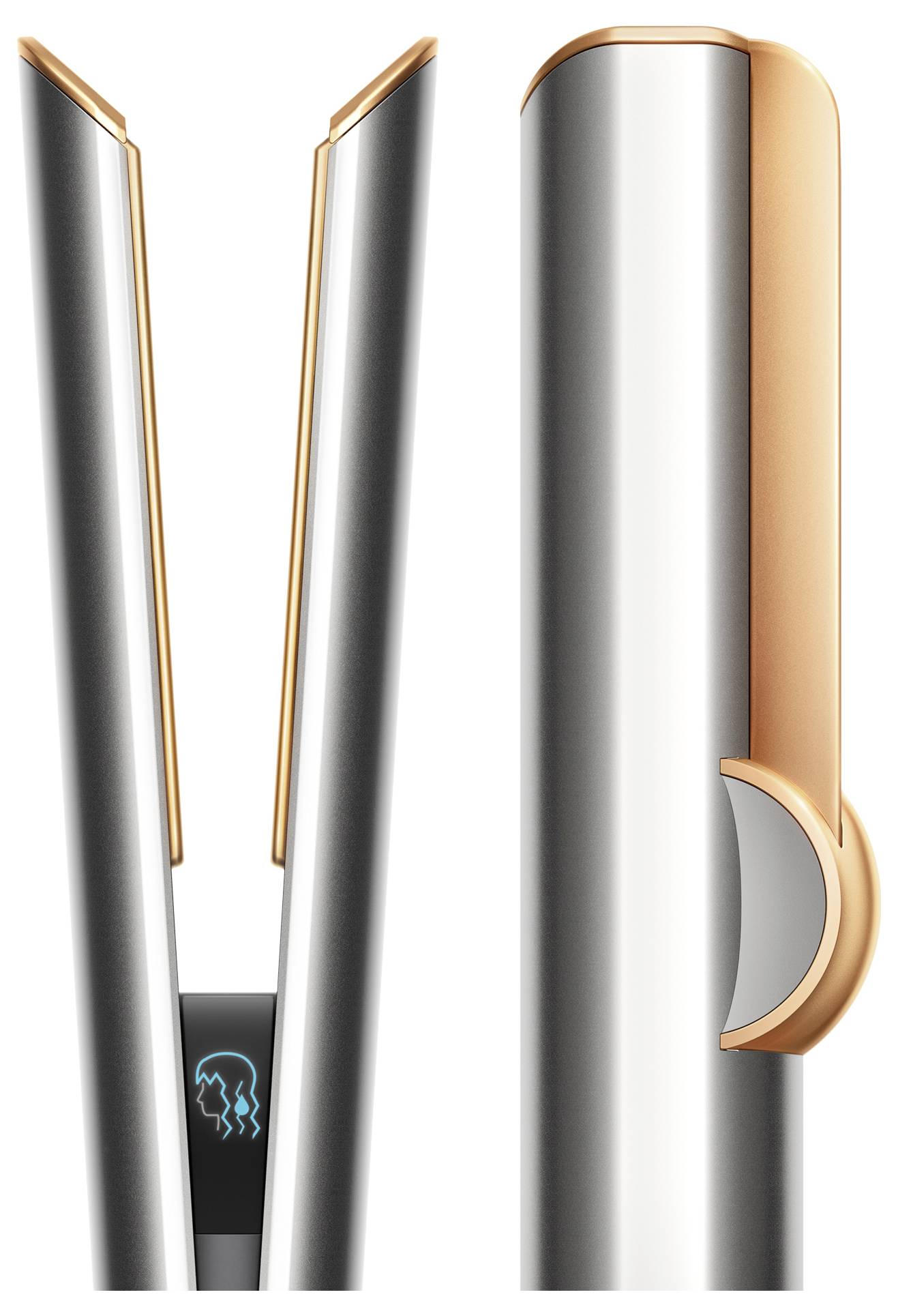 Ein modernes Haarglätteisen mit silbernem und goldenem Design, digitalem Display und ergonomischem Griff für einfaches Styling.