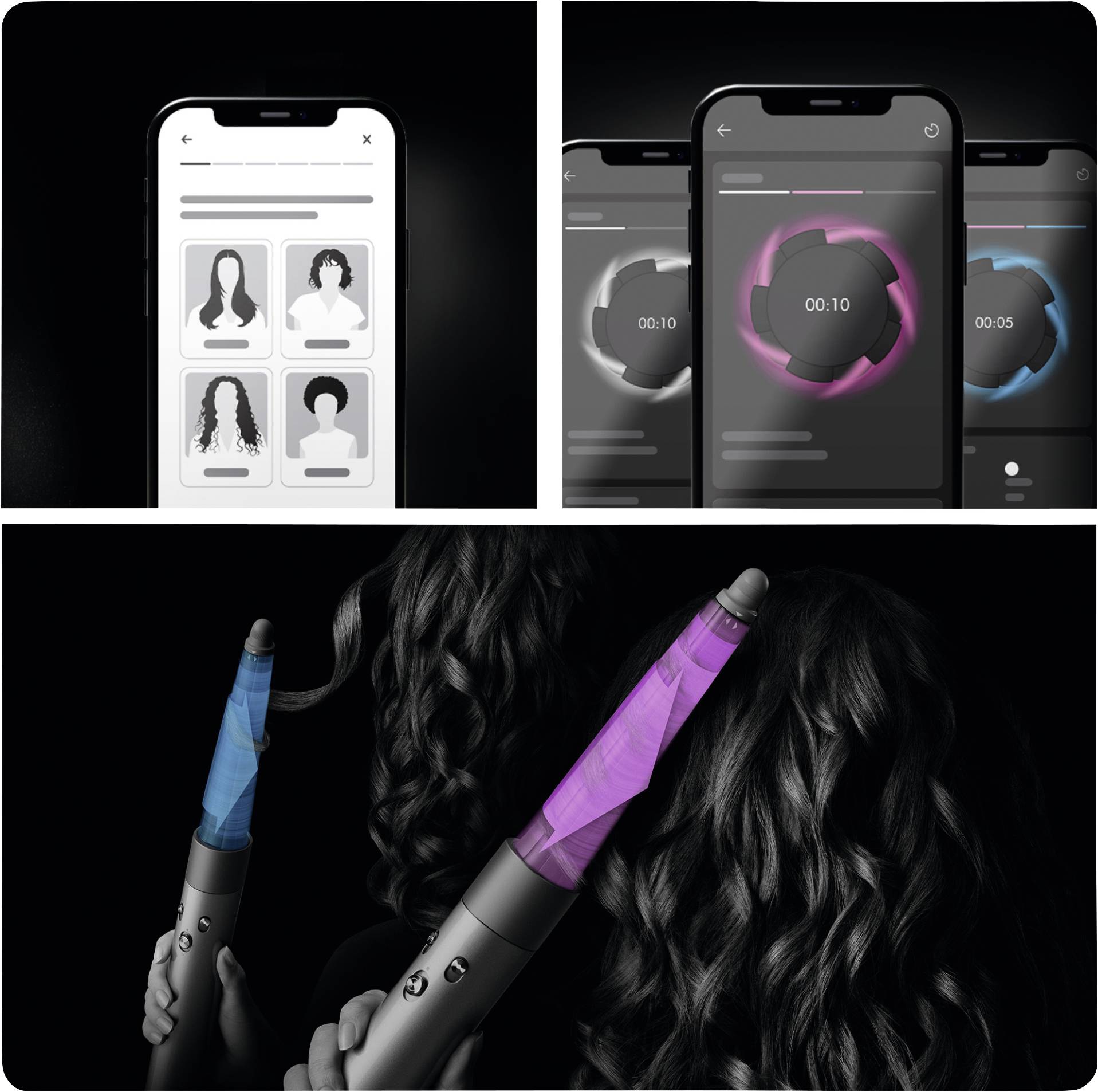 Ein Smartphone zeigt eine App für Haarstyling mit Zeit-Countdown und Prozedurauswahl. Eine Person stylt das Haar mit einem Lockenstab.