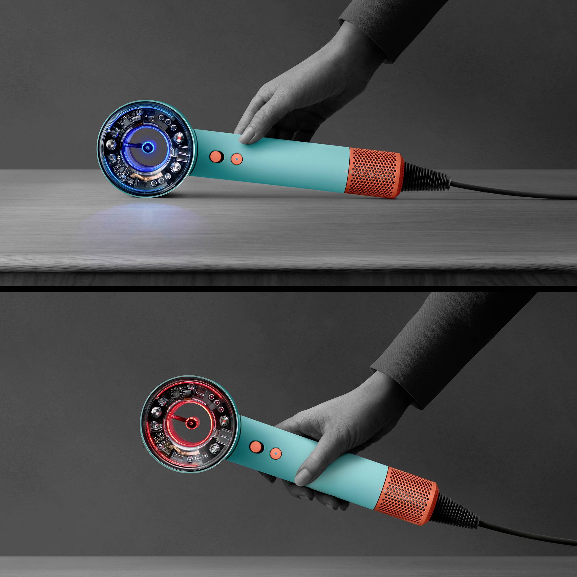 Ein blau und orange gestalteter Föhn wird in zwei verschiedenen Lichteinstellungen gezeigt. Oben: blaues Licht, unten: rotes Licht.
