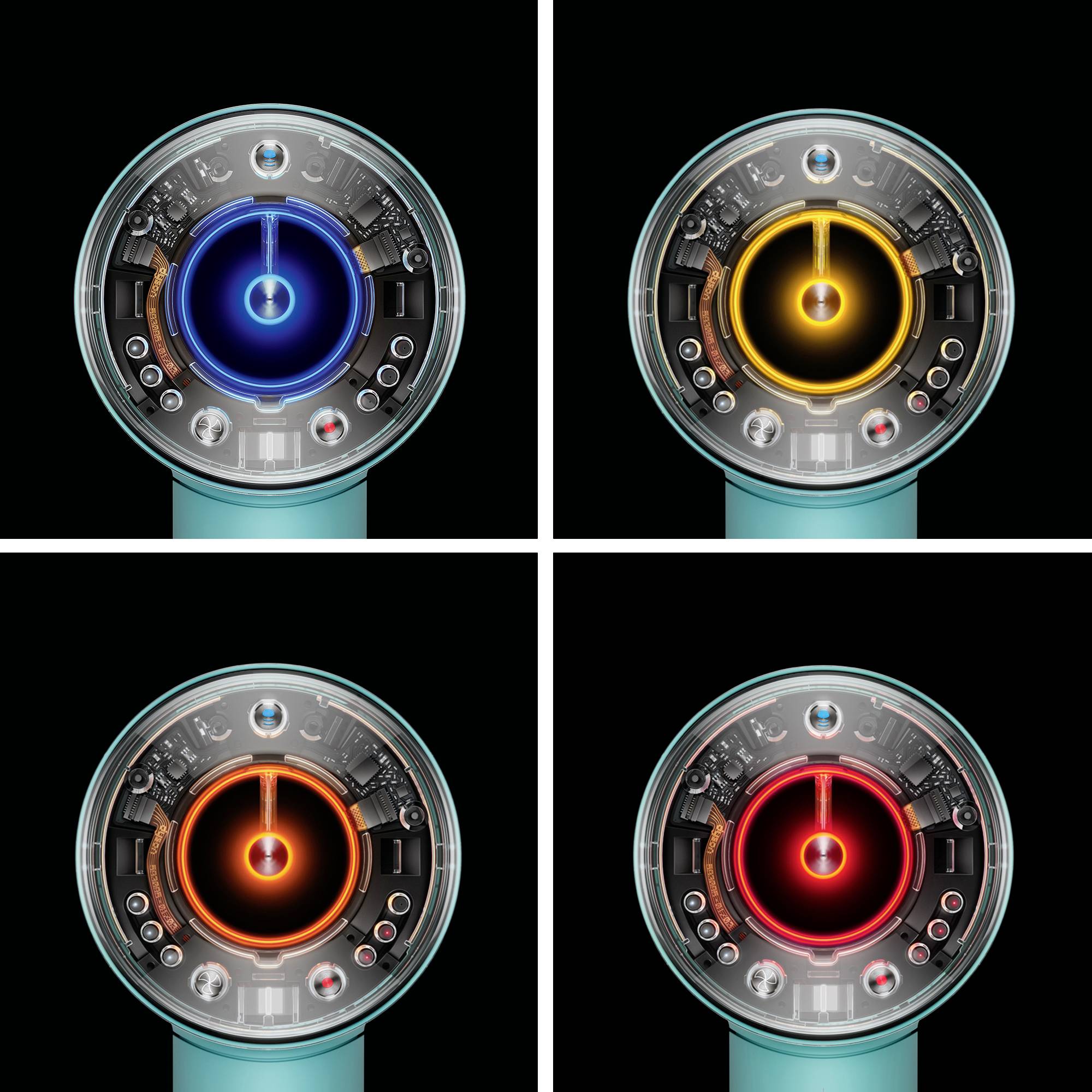 Vier kreisförmige Energiesteuerungen in Blau, Gelb, Orange und Rot, angeordnet in einem quadratischen Raster auf schwarzem Hintergrund.