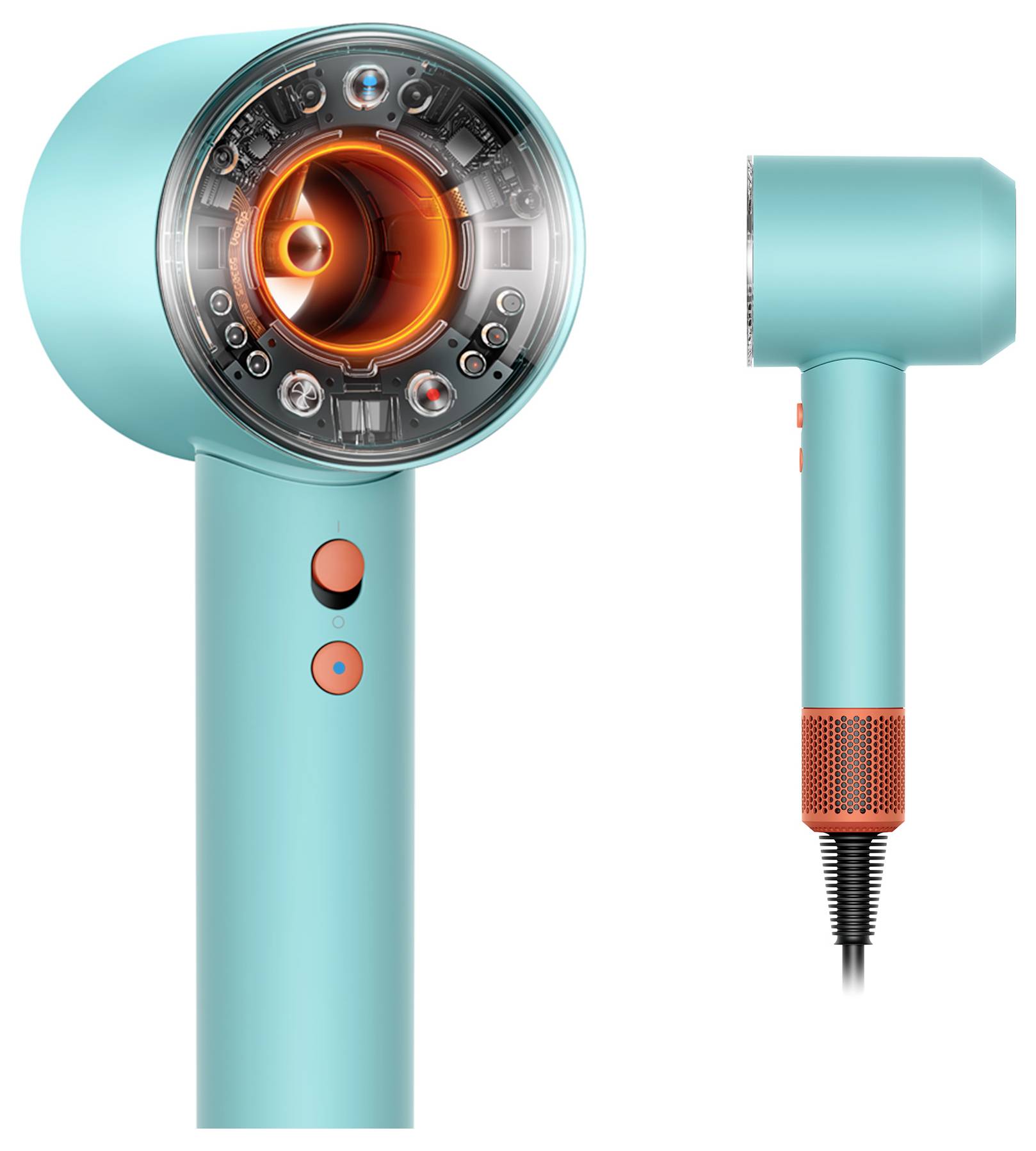 Ein türkisfarbener Haartrockner mit orangefarbenen Akzenten. Links eine Frontalansicht des Luftauslasses, rechts eine Seitenansicht.