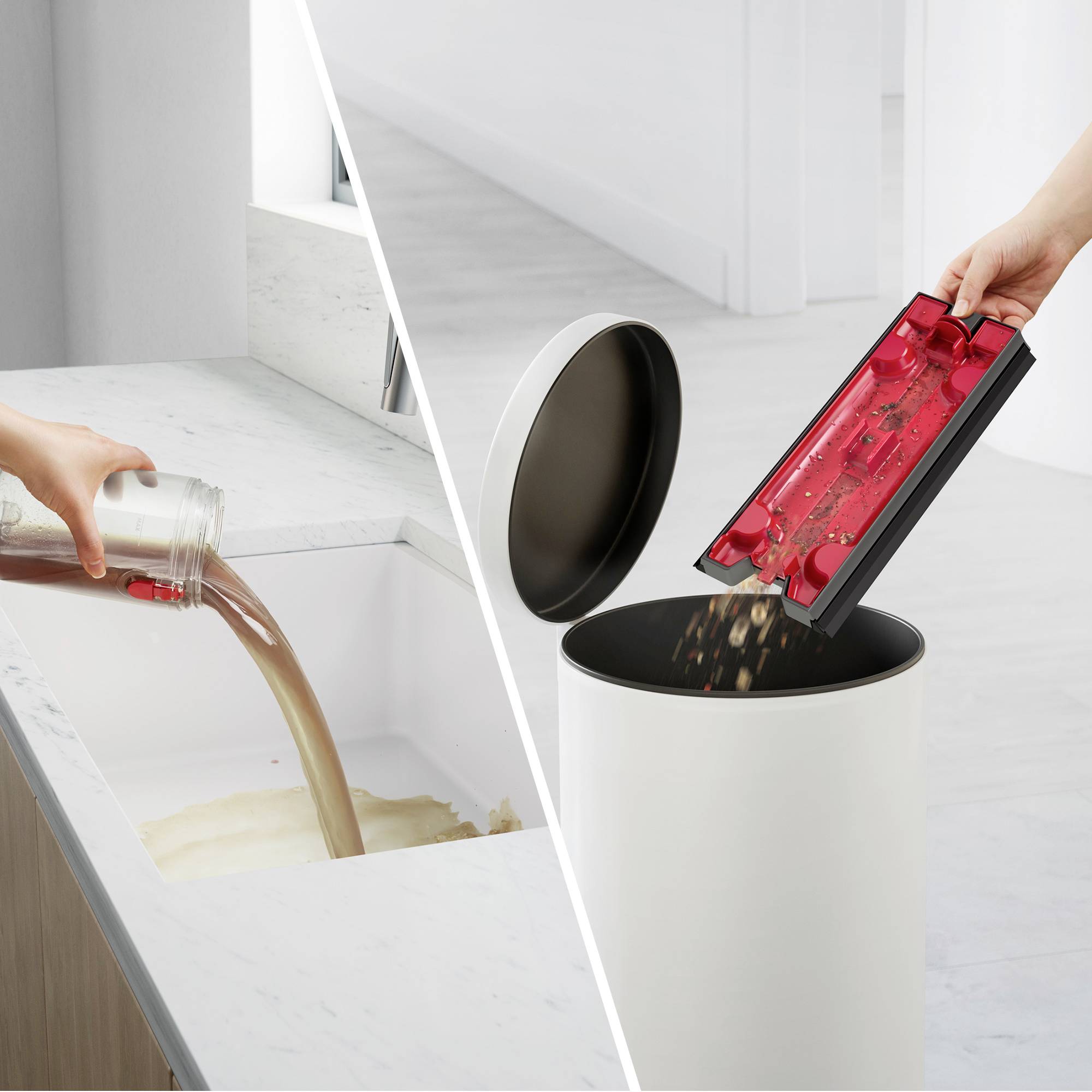 Eine Person gießt schmutziges Spülwasser in einen Abfluss. Rechts entleert jemand Schmutz aus einem roten Filter in einen Mülleimer.