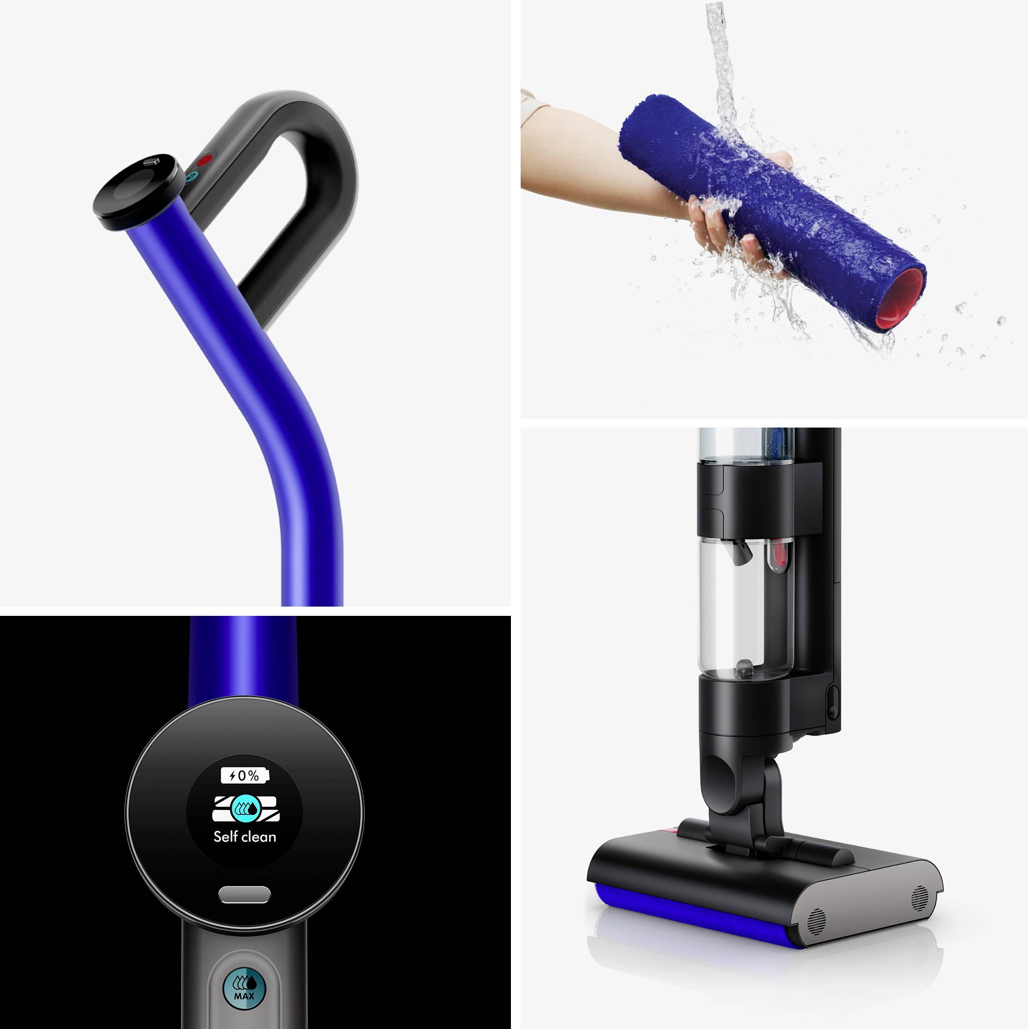 Staubsauger mit selbstreinigendem Filter, ergonomischem Griff und waschbarem Zubehör. Zeigt drei Ansichten des Geräts und Zubehörs.