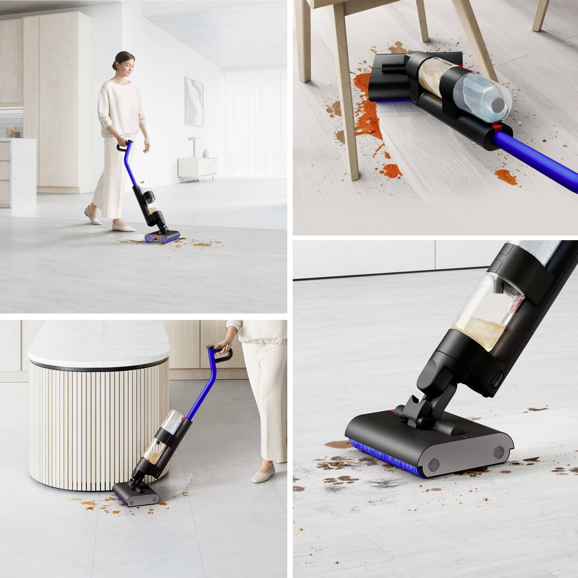 Eine Person reinigt den Boden in einer modernen Küche mit einem kabellosen Staubsauger. Der Sauger entfernt Schmutz und Flüssigkeiten.