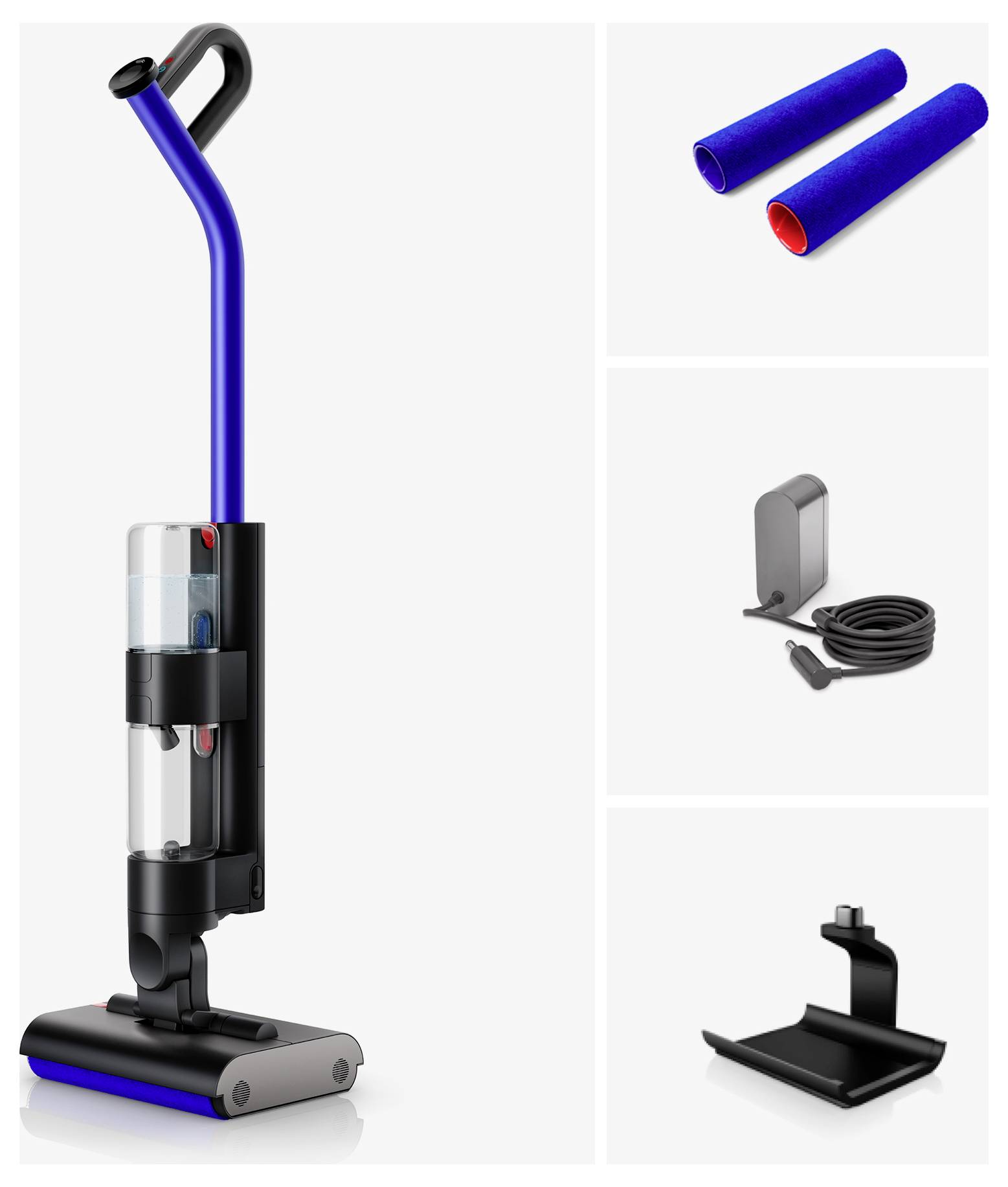 Ein blauer Staubsauger mit Zubehör: zwei Bürstenrollen, eine Ladestation und eine Halterung.
