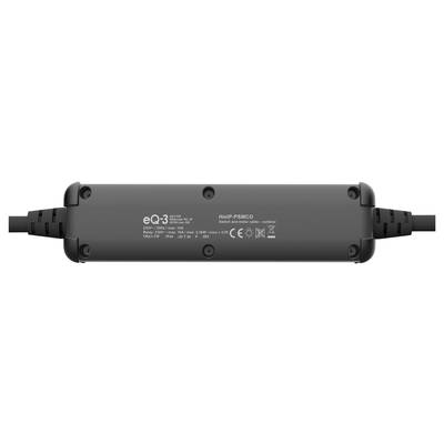 Schwarzes Gerät mit Aufschrift 'eQ-3' und technischen Spezifikationen. Enthält CE-Logo und Herstellerangaben.