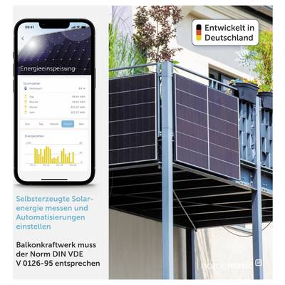 Werbegrafik mit Smartphone-App zur Einspeiseüberwachung und Balkonkraftwerk mit Solarmodulen; Hinweis 'Entwickelt in Deutschland' und Text zur Norm DIN VDE V 0126-95.