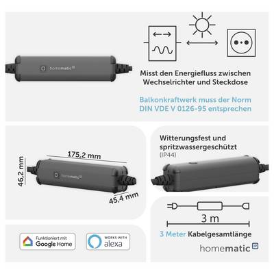 Produktgrafik eines Homematic-Adapters für Balkonkraftwerke: misst den Energiefluss zwischen Wechselrichter und Steckdose, wetterfest IP44, 3 m Kabel, Maße 175,2 × 46,2 × 45,4 mm.