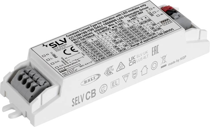 LED-Treiber, geeignet für Konstantstrombetrieb mit LED-Modulen; zeigt technische Spezifikationen wie Spannung, Stromstärke und Zertifizierungen.