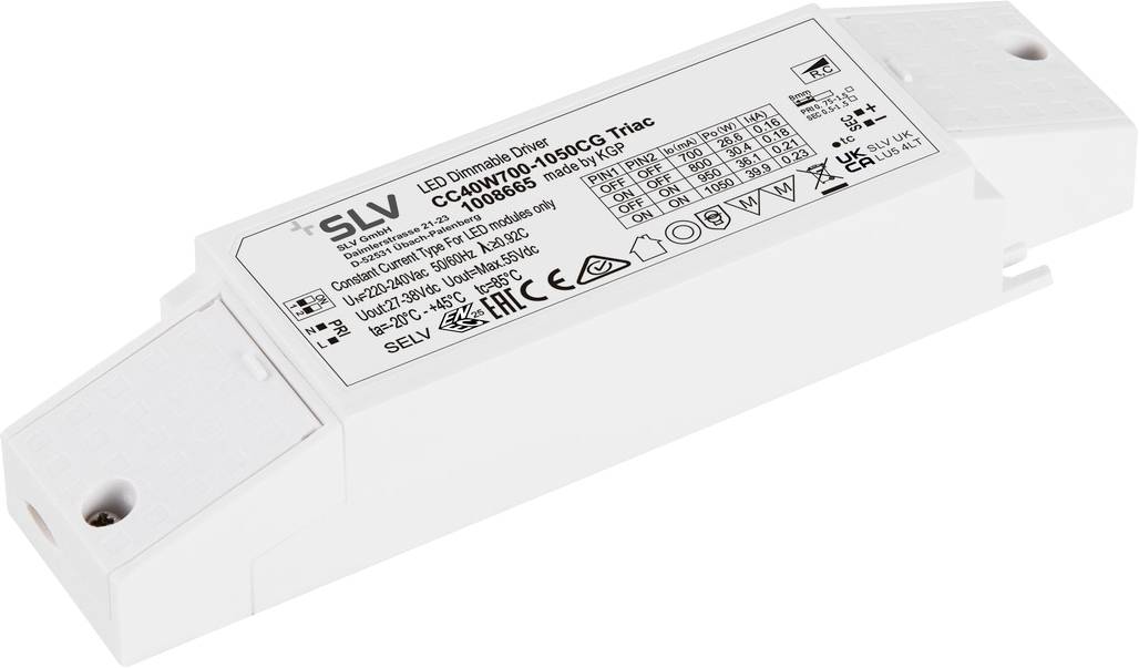 Auf dem Bild ist ein LED-Dimmertreiber von SLV zu sehen mit technischen Spezifikationen und Symbolen auf dem Etikett.