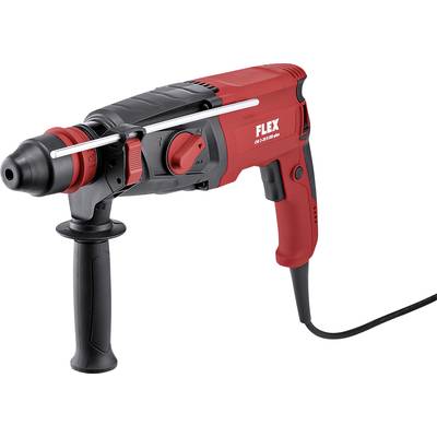 Ein roter und schwarzer Bohrhammer mit Kabel, einem dazugehörigen Griff und der Markenaufschrift 'FLEX' an der Seite.
