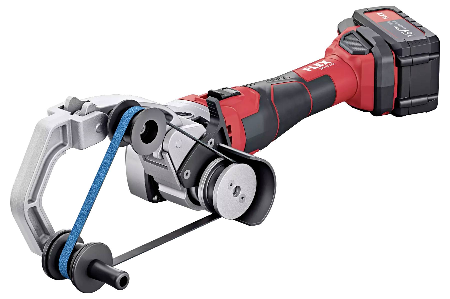 Rotes, handgehaltenes Elektrowerkzeug mit Metallklemmen und blauem Industriegurt. Akku ist auf der Rückseite angebracht.