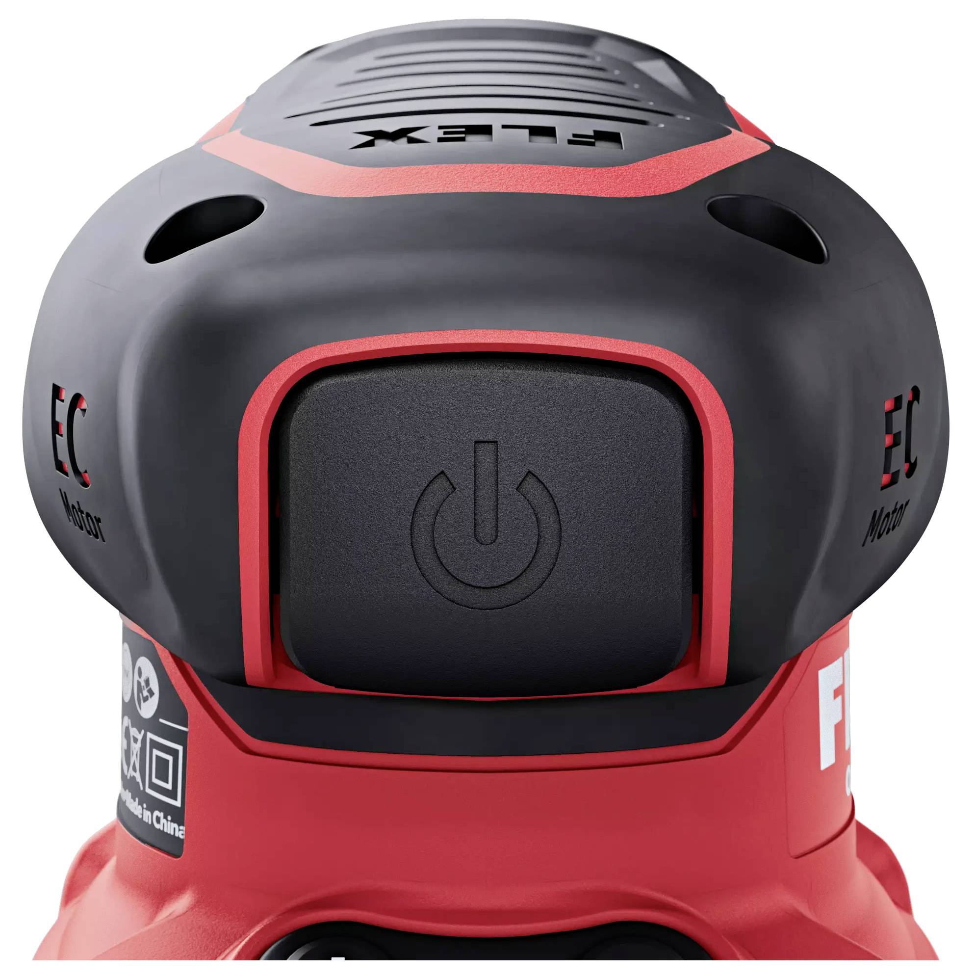 Roter und schwarzer Elektrowerkzeugkopf mit großem Netzschalter in der Mitte, Markenlogo 'FLEX' auf der Oberseite sichtbar.