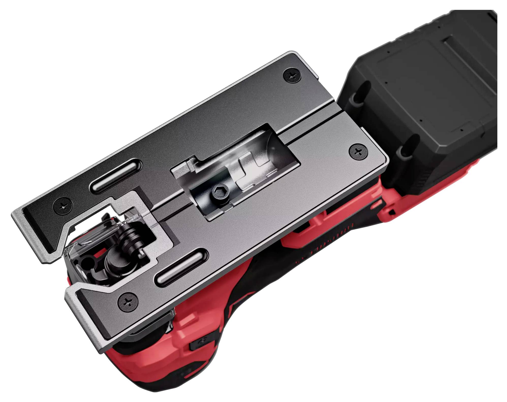 Industriewerkzeug mit austauschbaren Komponenten, schwarzer Akku rechts, silberne Befestigungsplatte oben, rote Basis unten.