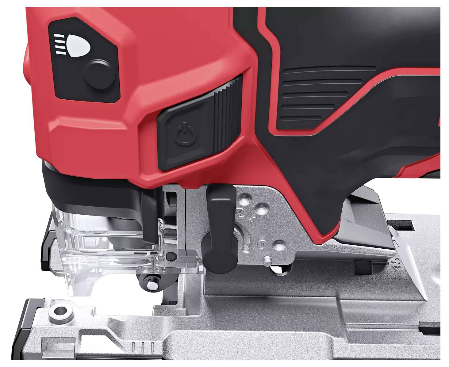 Eine rote Stichsäge mit silbernen und schwarzen Akzenten, die auf einem Metalluntergrund liegt.