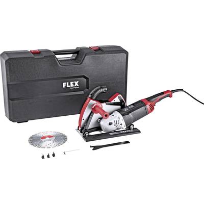 Winkelschleifer-Set mit schwarzem Koffer. Enthält eine Scheibe, Schrauben, Werkzeug und ein 'Flex'-Logo auf dem Koffer.