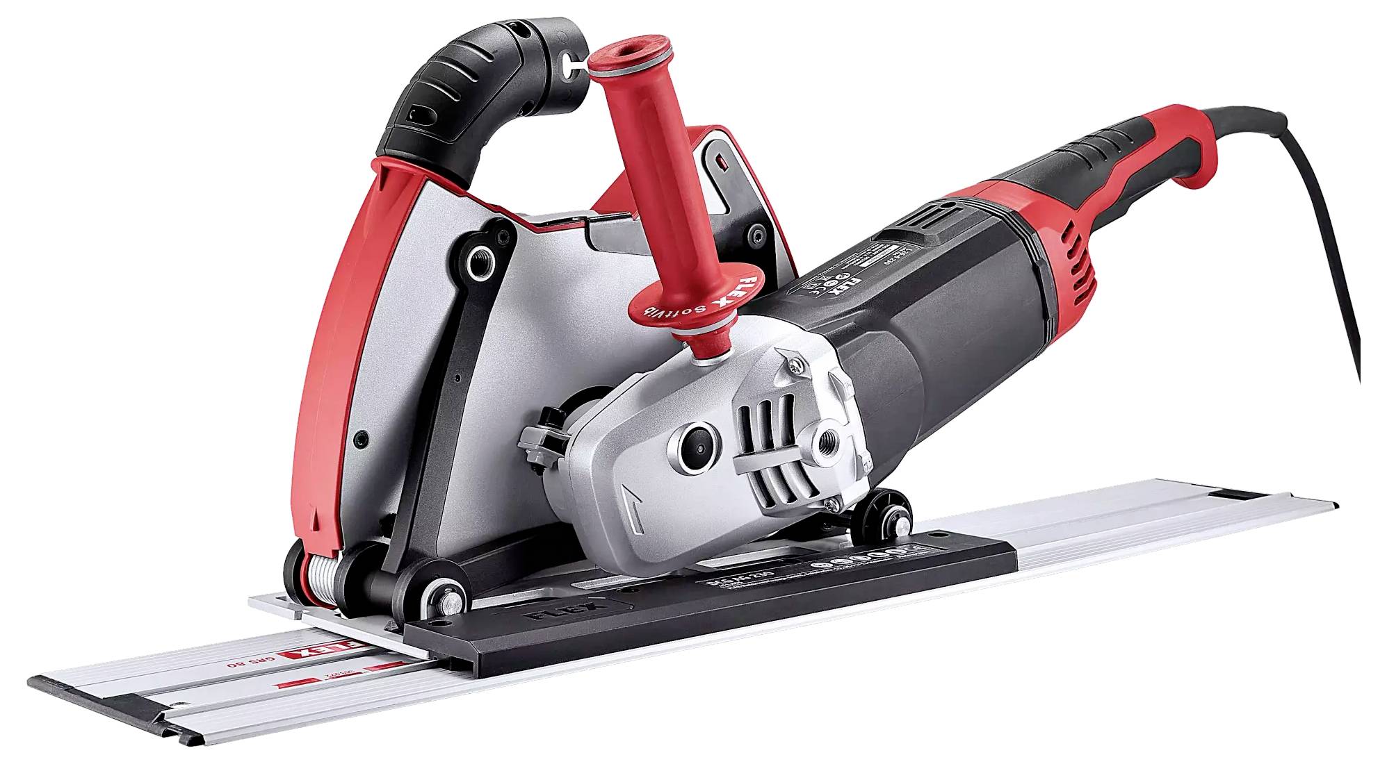Eine rote und schwarze Handkreissäge mit Führungsschiene, die auf einem Tisch platziert ist. Sie hat einen ergonomischen Griff.
