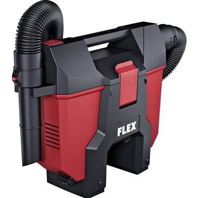 Ein roter und schwarzer tragbarer Staubsauger mit flexiblem Saugschlauch, Griff und kompaktem Design, geeignet für Baustellen.