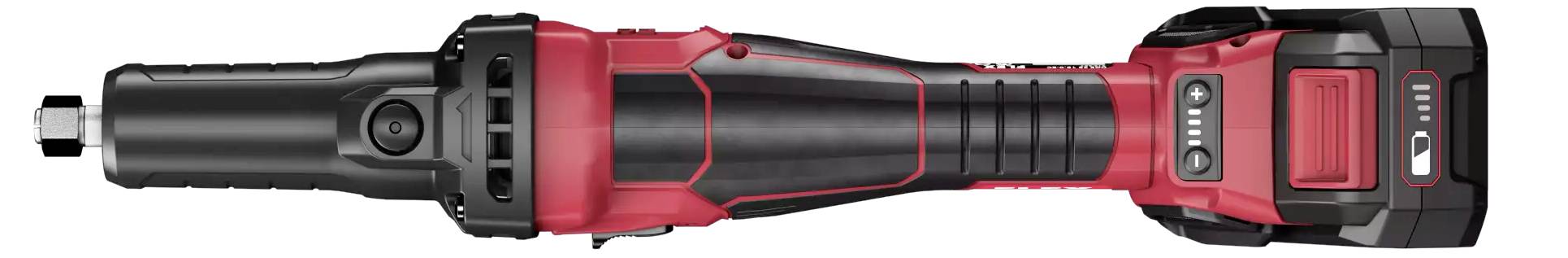 Ein roter, kabelloser Winkelschleifer mit schwarzem Griff und Spannhebel, geeignet für Metallbearbeitung und Bauarbeiten.