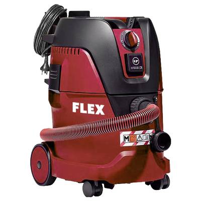 Roter Industriestaubsauger der Marke FLEX mit schwarzem Bedienfeld, Schlauch und Kabel. Geeignet für Baustellenreinigung.