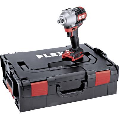 'Akkuschlagschrauber FLEX auf Werkzeugkoffer. Rotes und schwarzes Design, mit Logo auf Griff. Ideal für handwerkliche Arbeiten.'