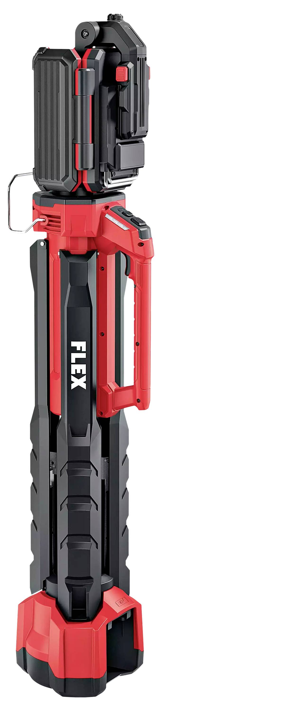 Akku-LED-Baustrahler in Schwarz-Rot mit flexibler Teleskopstange und Griff. Ideal für Bauarbeiten und Werkstätten.