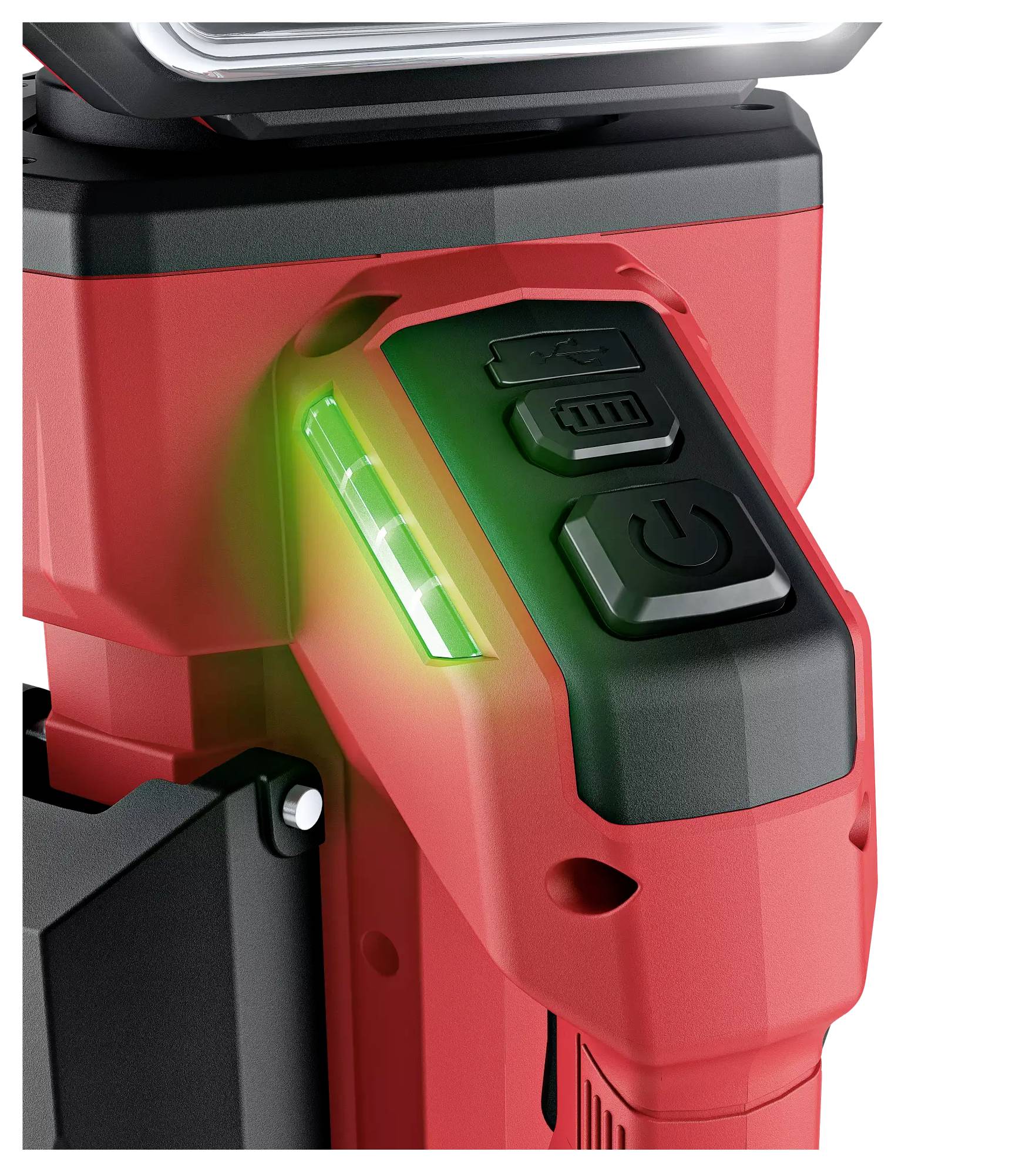 Rotes Elektrowerkzeug mit schwarzem Griff. Zeigt drei schwarze Knöpfe und grüne LED-Anzeigen, die Betriebsbereitschaft signalisieren.