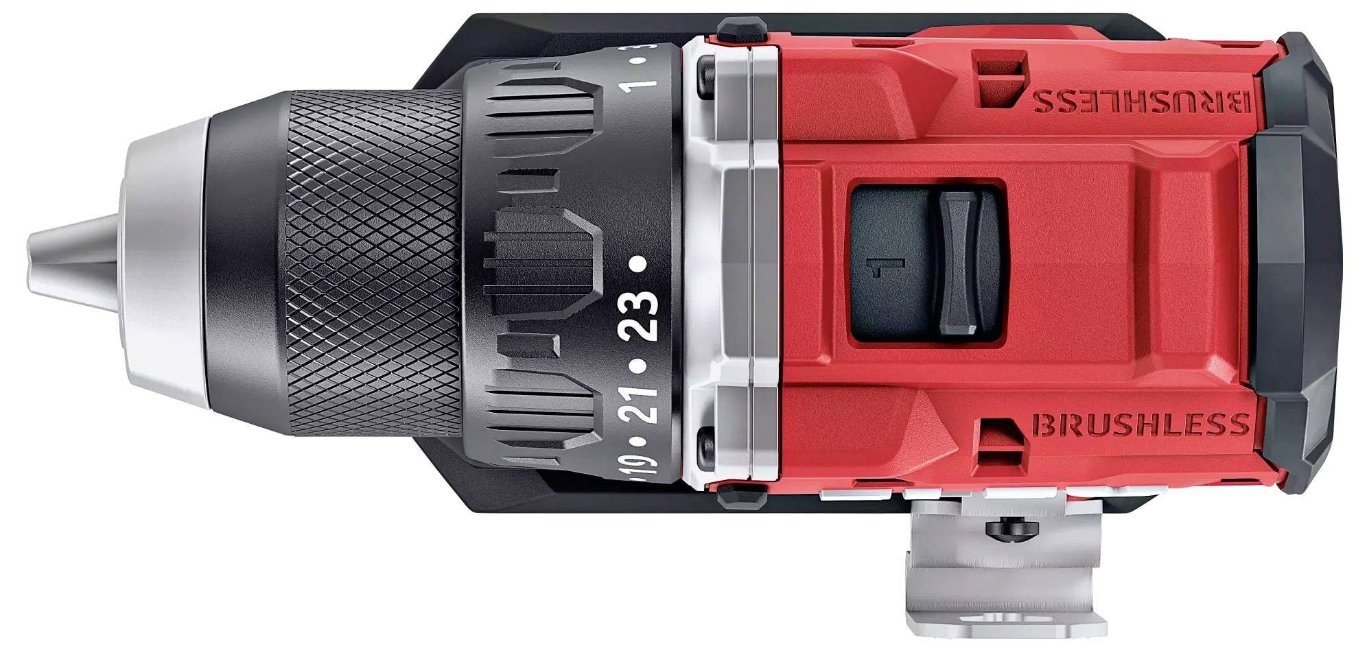 Akkubohrschrauber in Schwarz und Rot mit bürstenlosem Motor und Drehmomenteinstellung. Gerät von oben gesehen.