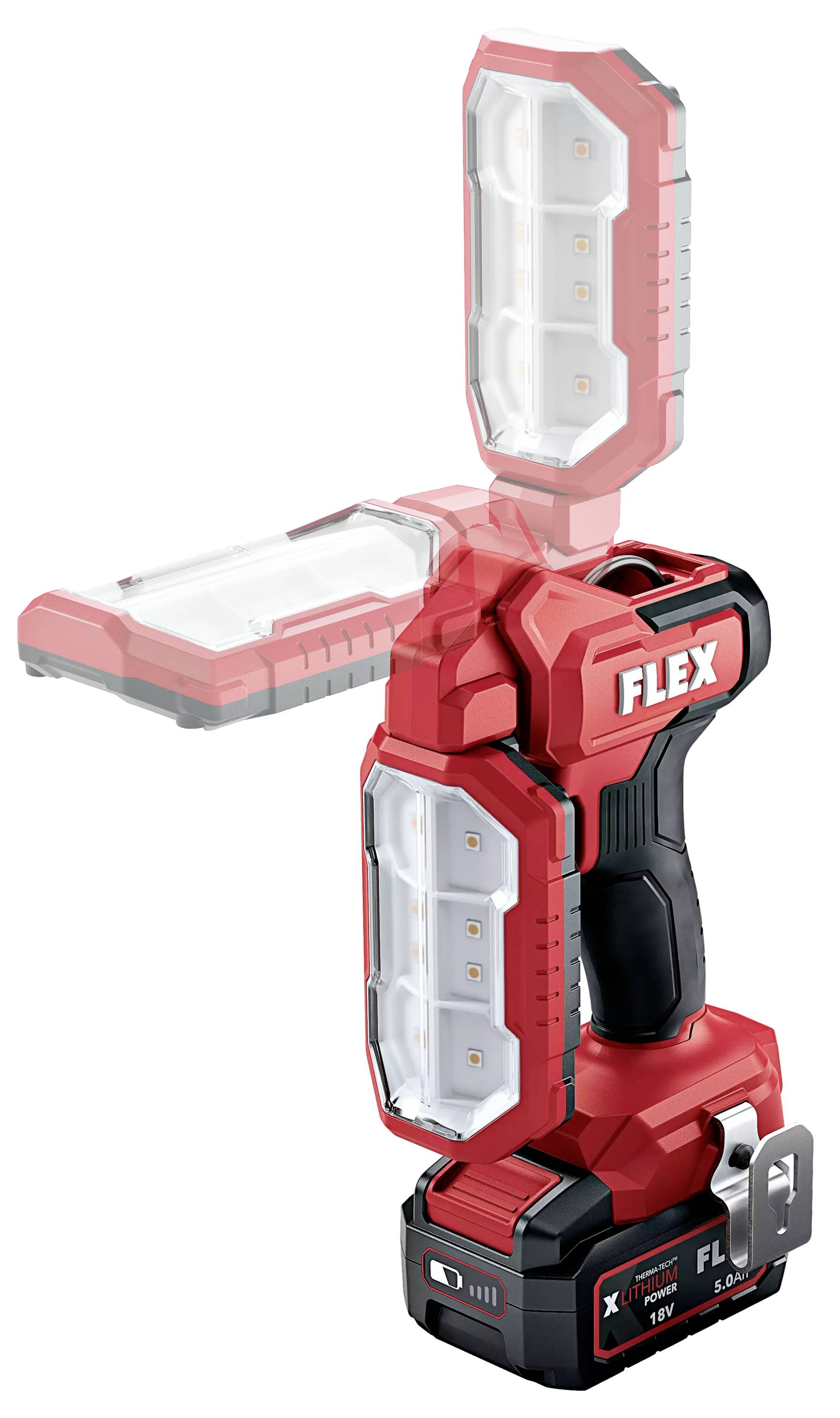 Akkubetriebene, rot-schwarze LED-Arbeitsleuchte von FLEX, mit dreifach verstellbarem Kopf für eine flexible Beleuchtung.