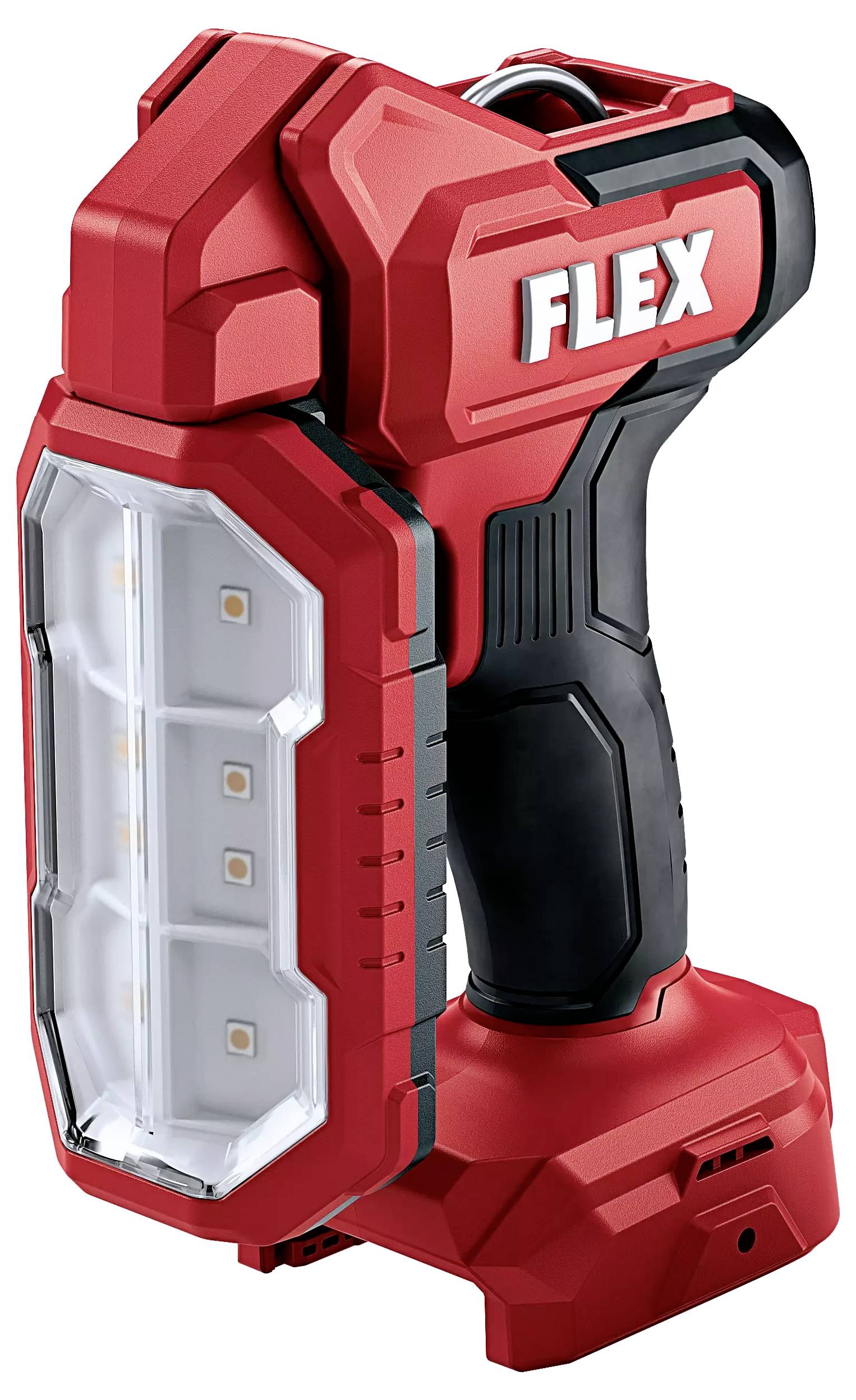 Rotes, akkubetriebenes LED-Arbeitslicht mit ergonomischem Griff und sechs Leuchtpunkten. Beschriftet mit 'FLEX'.
