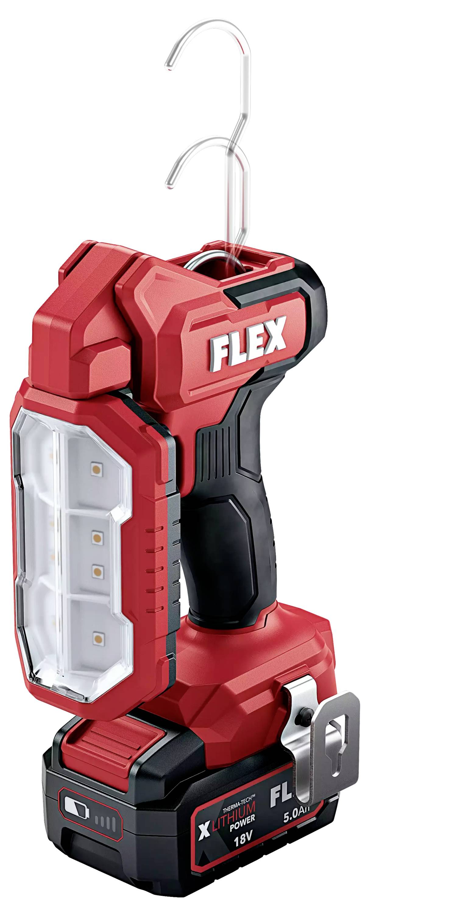 Akku-Arbeitsleuchte in Rot mit 18V Batterie, Haken zum Aufhängen und drei LED-Lampen, geeignet für flexible Beleuchtung.
