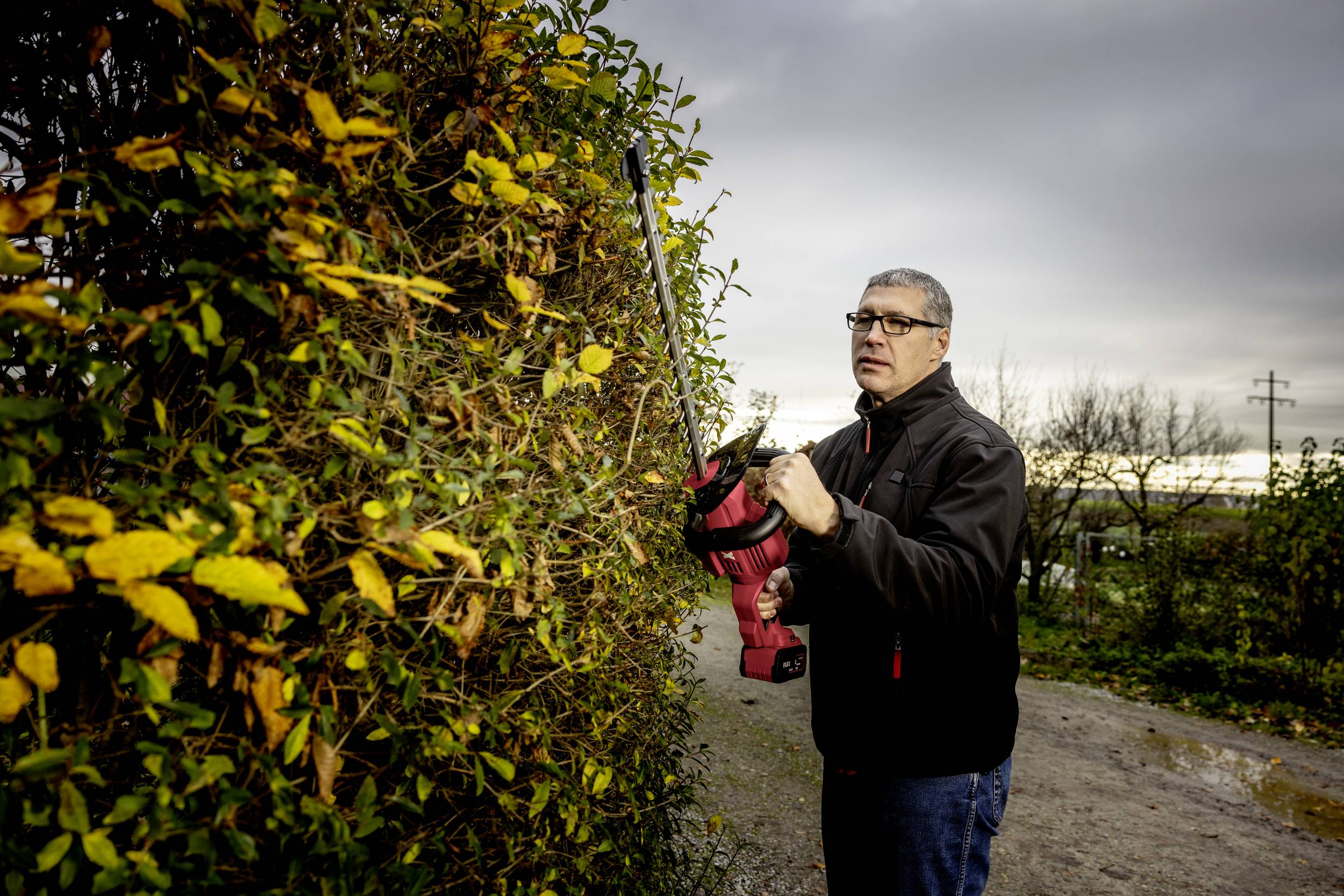 Ein Mann schneidet mit einer elektrischen Heckenschere eine grüne Hecke. Der Himmel ist bewölkt, und es ist Herbst, erkennbar an den gelben Blättern.