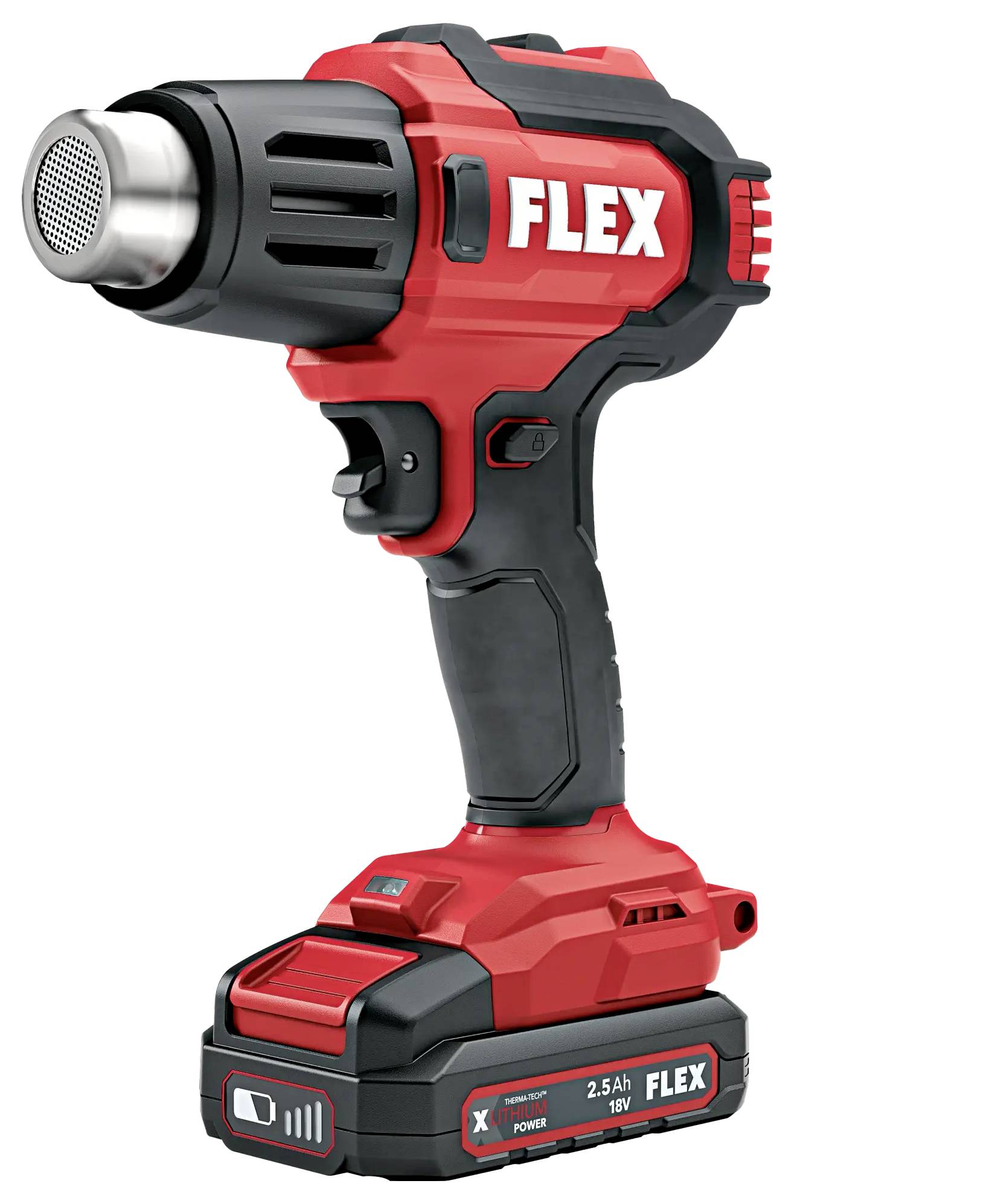 Eine rot-schwarze Heißluftpistole mit dem Markennamen 'FLEX' auf der Seite, ausgestattet mit einem wiederaufladbaren 18V-Akku.