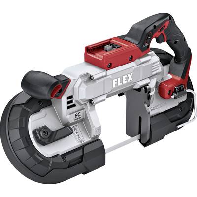 Akkubetriebene Bandsäge von FLEX, Modell mit gummierten Griffen und einstellbarer Schutzvorrichtung, geeignet für Metallarbeiten.