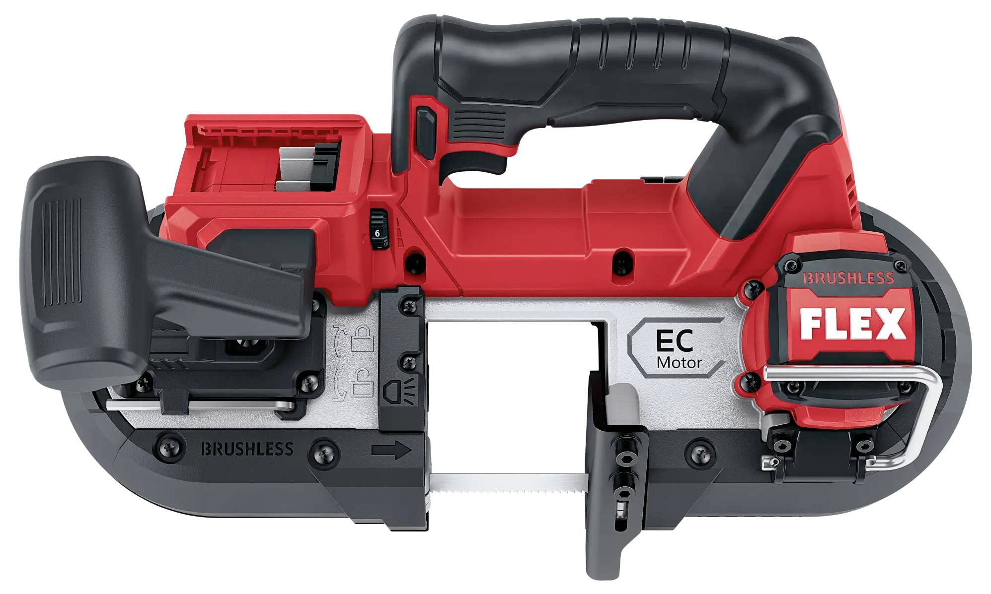 Rote und schwarze Akku-Bandsäge mit ergonomischem Griff, kompakter Bauweise und Etikett 'FLEX' auf der Seite.