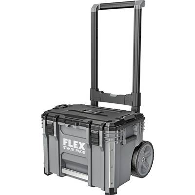 Grauer Werkzeugkoffer auf Rädern mit Teleskopgriff, beschriftet mit 'FLEX STACK PACK', für das bequeme Transportieren von Werkzeug.