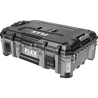 Ein stapelbarer Werkzeugkoffer mit der Aufschrift 'FLEX STACK PACK', geeignet für die Aufbewahrung und den Transport von Werkzeugen.