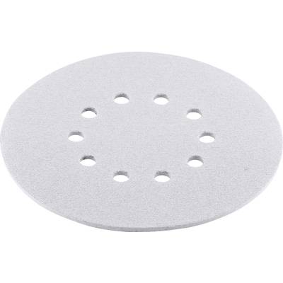 Ein rundes, graues Schleifpapier mit neun gleichmäßig verteilten Löchern.
