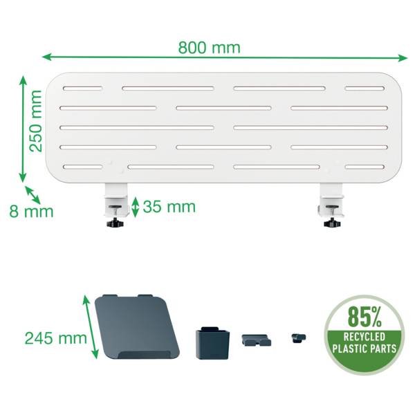 Ein weißes, rechteckiges Bauteil mit Schlitzen misst 800 mm x 250 mm x 8 mm. Zubehör unten gezeigt. 85% recycelter Kunststoff.