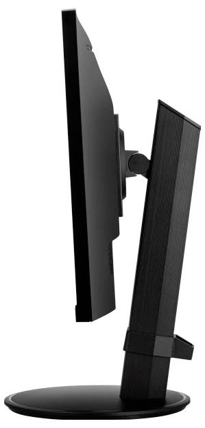 'Seitliche Ansicht eines schwarzen Computermonitors, der aufrecht steht, zeigt die dünne Profilgestaltung des Bildschirms.'