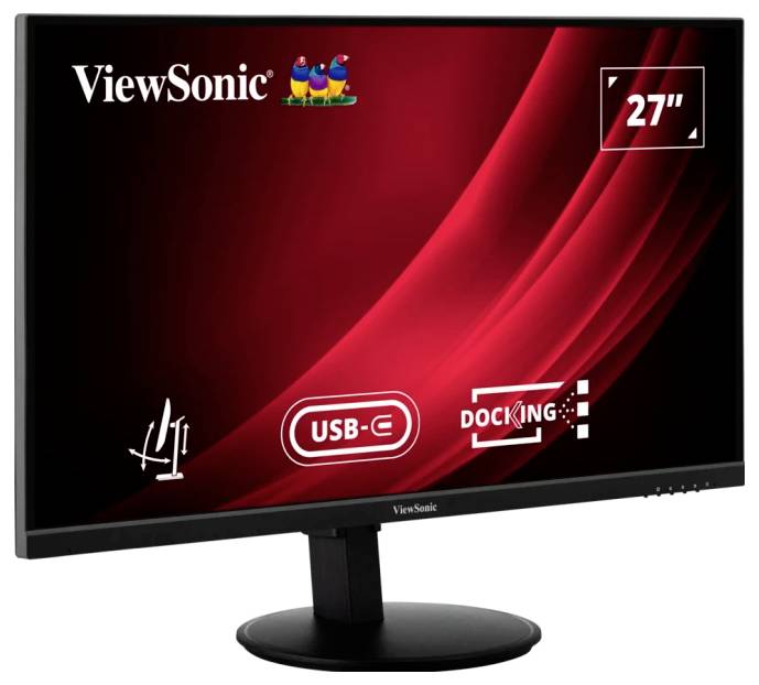 Der Monitor zeigt das Logo 'ViewSonic', ein 27-Zoll-Display mit rotem Hintergrund und Symbolen für USB-C und Docking-Funktion.