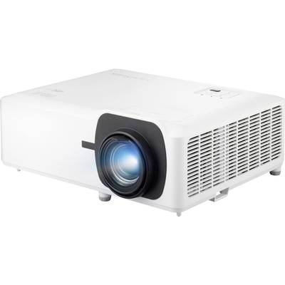 Ein moderner, weißer Projektor mit einem großen Objektiv, leuchtet blaues Licht; geeignet für Präsentationen oder Heimkino.