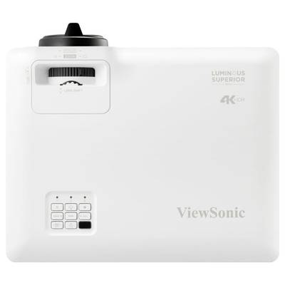 Ein weißer ViewSonic 4K-Projektor mit Steuerknöpfen und Fokuseinstellungen, geeignet für hochauflösende Präsentationen.