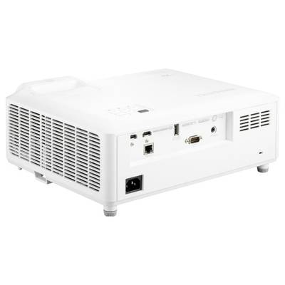 Ein weißer Projektor mit Anschlussmöglichkeiten auf der Rückseite, darunter HDMI, VGA und USB-Ports. Lüftungsschlitze sind sichtbar.