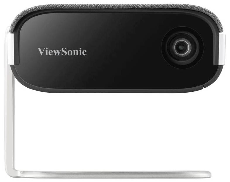Eine schwarze Webcam von ViewSonic mit silbernem Standfuß, frontal abgebildet.