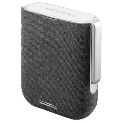 Tragbarer grauer Projektor mit glatter Oberfläche, hergestellt von ViewSonic und Harman/Kardon.