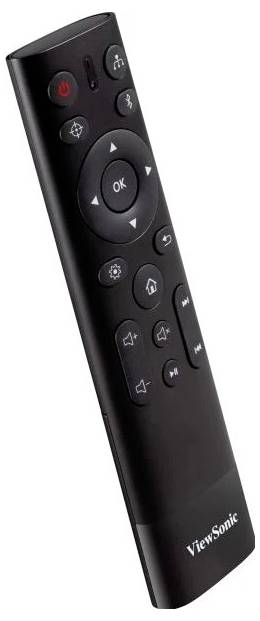 Schwarze ViewSonic-Fernbedienung mit mehreren Tasten, darunter ein Steuerkreuz, Lautstärke- und Ein/Aus-Tasten.